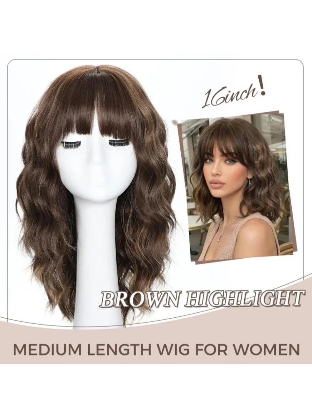 Women's Brown Highlight 16 Inch Wavy Wig Bangs Shoulder Length Synthetic Hair